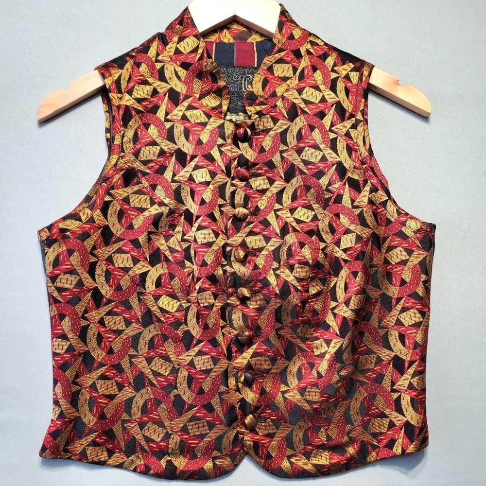 VTG 90s 100% Silk Brocade Vest Womens M Red Gold Button Luxury Boho Indie Sleaze